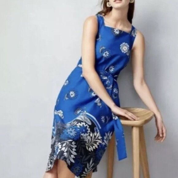 Ann Taylor Dresses & Skirts - Ann Taylor Tie-Front Poplin Dress Blue Floral Midi Size 6 NWT